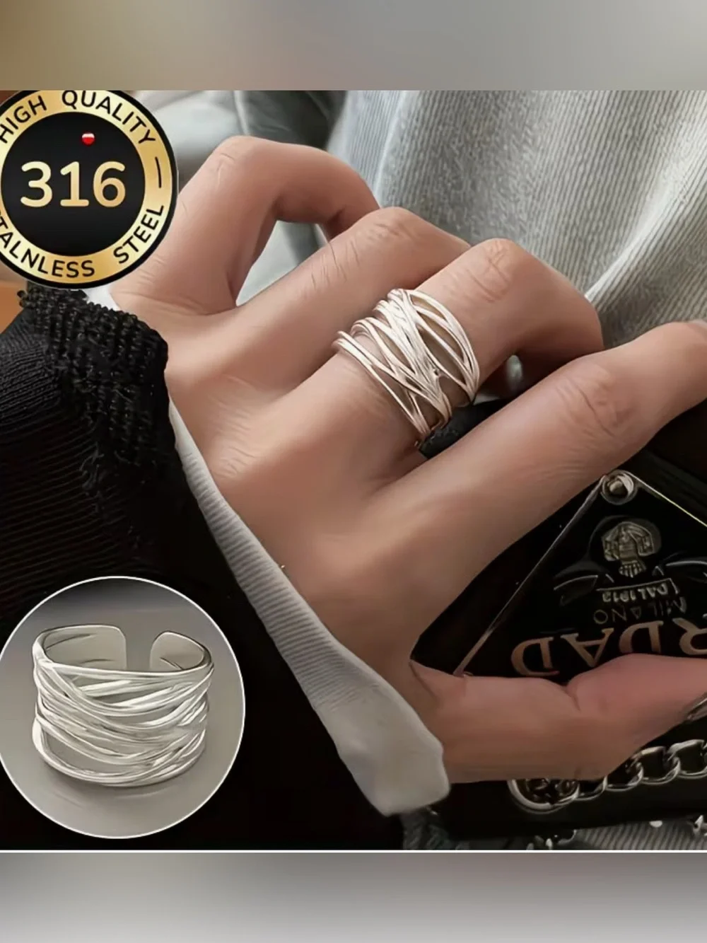 Silver Tone Wrap Ring Stainless Steel Adjustable